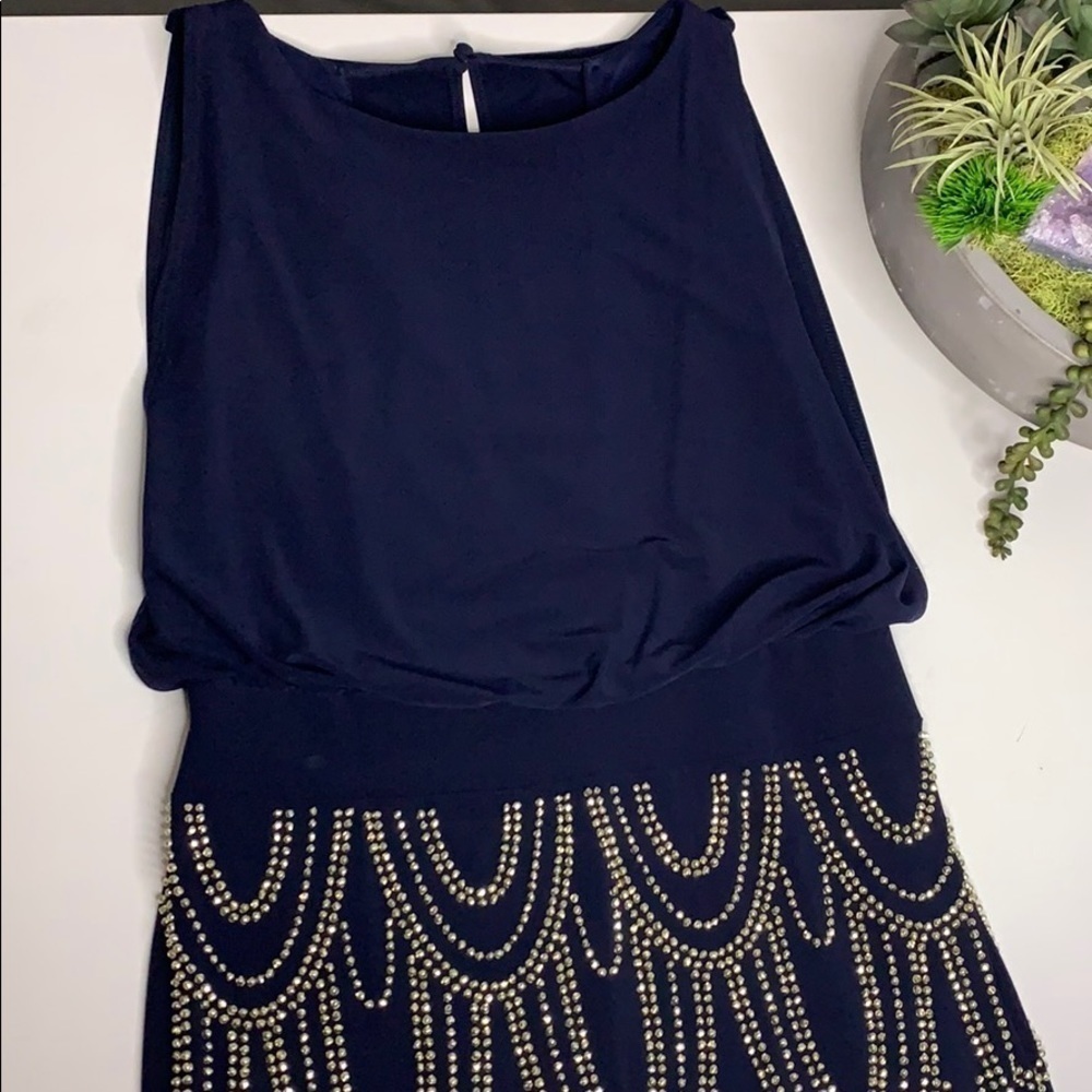 Betsy & Adam Roaring 20 beaded cocktail dress mini navy silver 4 women’s